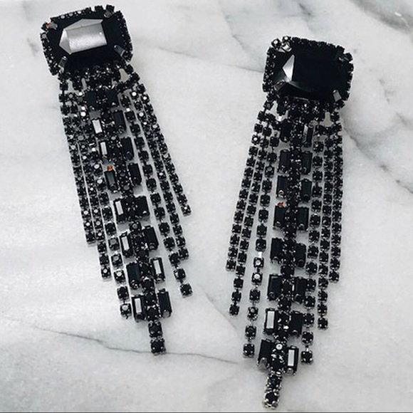 Emerald Cut Jet Black Crystal Fringe Earring-Boutique - Picture 1 of 3
